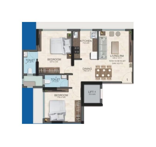 Floor plan of 2 BHK 645 Sq. Ft. Apartment in Namo Shantiniketan, Mumbai