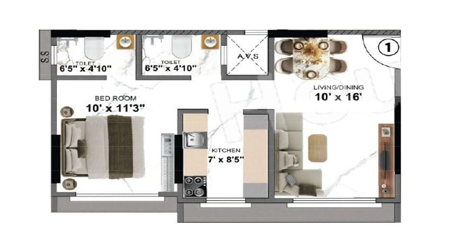 Floor plan of 1 BHK 373 Sq. Ft. Apartment in Namo Shenoy Apartments, Mumbai