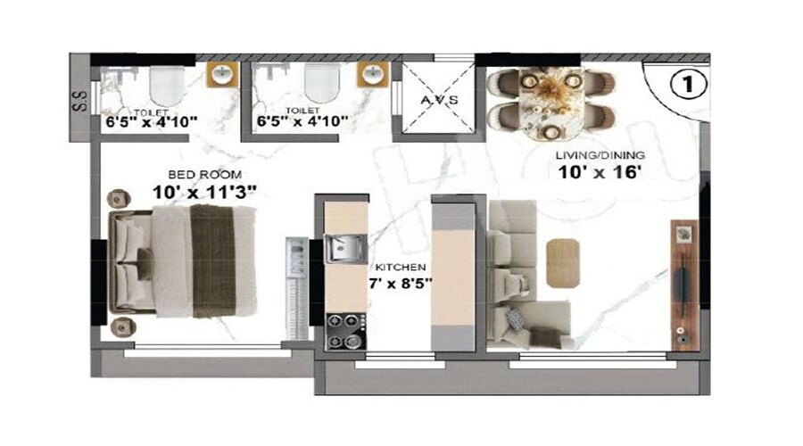 Floor plan of 1 BHK 373 Sq. Ft. Apartment in Namo Shenoy Apartments, Mumbai