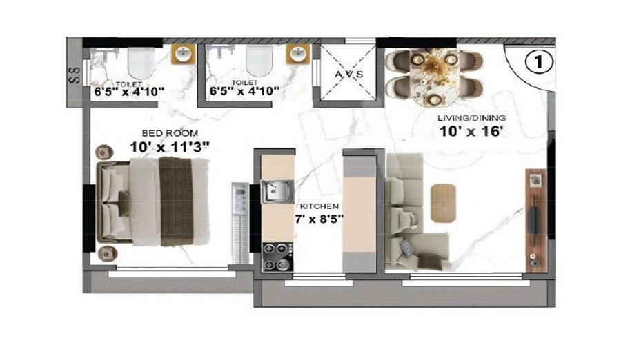 Floor plan of 1 BHK 439 Sq. Ft. Apartment in Namo Shenoy Apartments, Mumbai