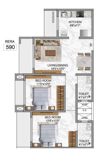 2 BHK 509 Sq. Ft. Apartment