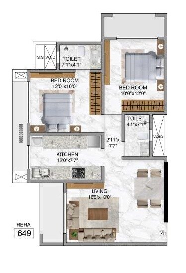 2 BHK 649 Sq. Ft. Apartment