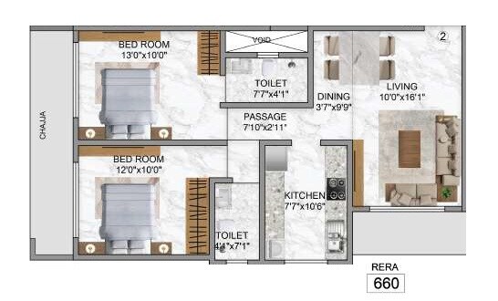 Floor plan of 2 BHK 660 Sq. Ft. Apartment in Namo Silverine CHS, Mumbai
