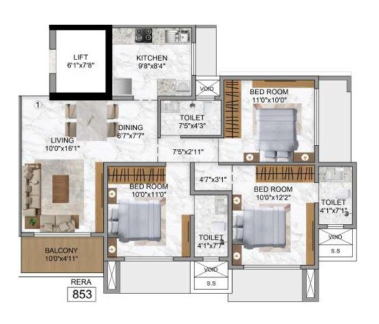 3 BHK 853 Sq. Ft. Apartment