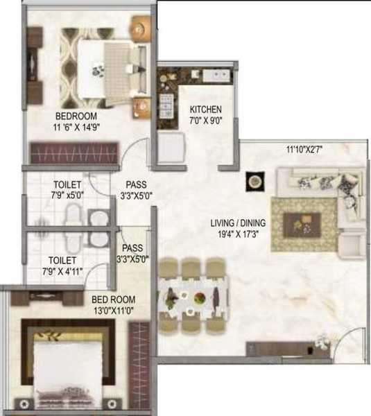 2 BHK 828 Sq. Ft. Apartment in Nandivardhan Park Pallazzo