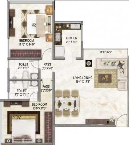 Floor plan of 2 BHK 828 Sq. Ft. Apartment in Nandivardhan Park Pallazzo, Mumbai
