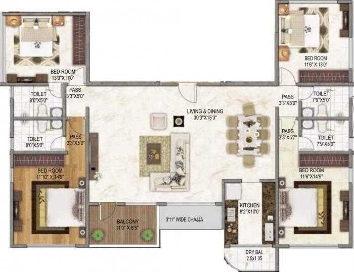 Floor plan of 4 BHK 1584 Sq. Ft. Apartment in Nandivardhan Park Pallazzo, Mumbai