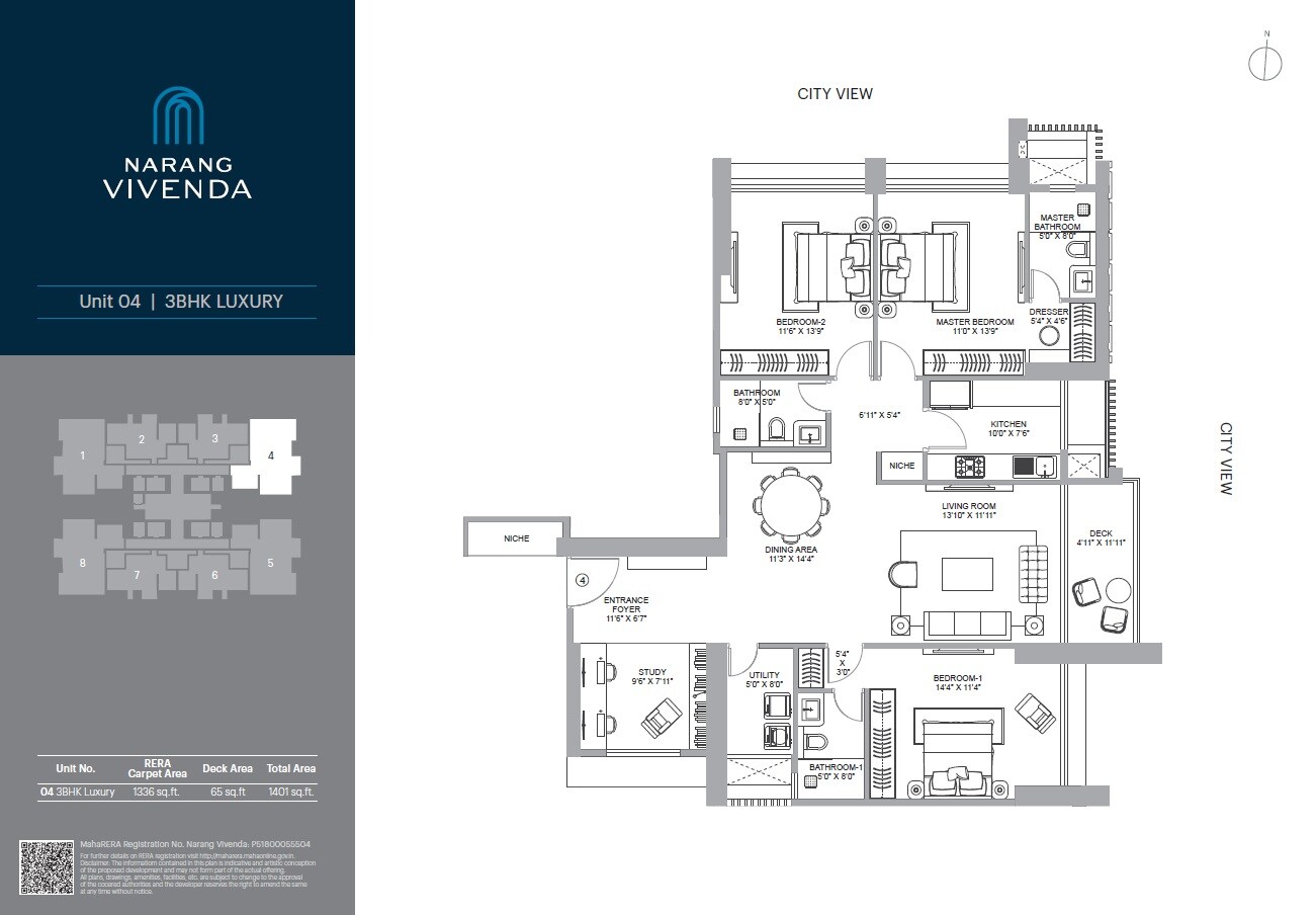 Floor plan of 3 BHK 1336 Sq. Ft. Apartment in Narang Vivenda, Mumbai