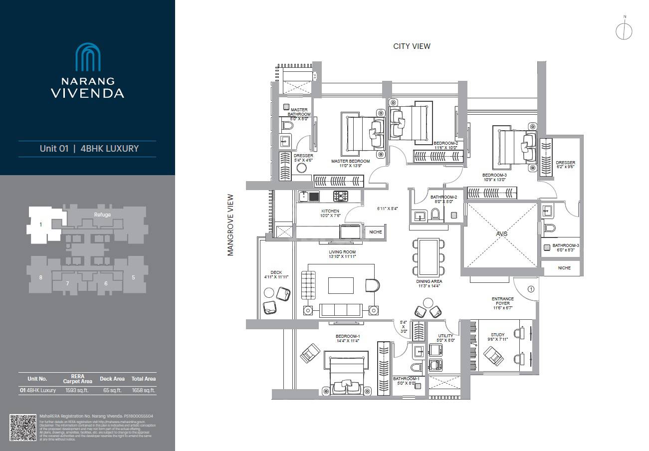 Floor plan of 4 BHK 1593 Sq. Ft. Apartment in Narang Vivenda, Mumbai