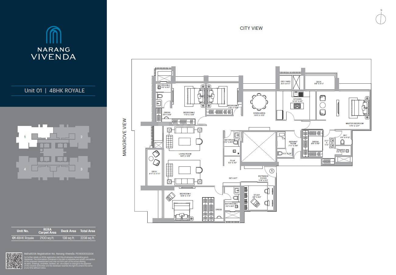 Floor plan of 4 BHK 2100 Sq. Ft. Apartment in Narang Vivenda, Mumbai