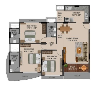 3 BHK 1097 Sq. Ft. Apartment