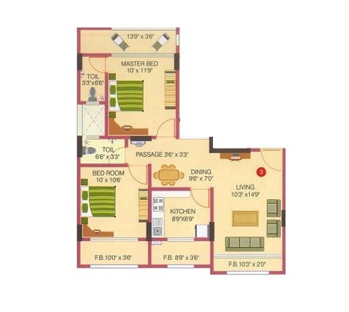 Floor plan of 2 BHK 775 Sq. Ft. Apartment in Natasha Avenue, Mumbai