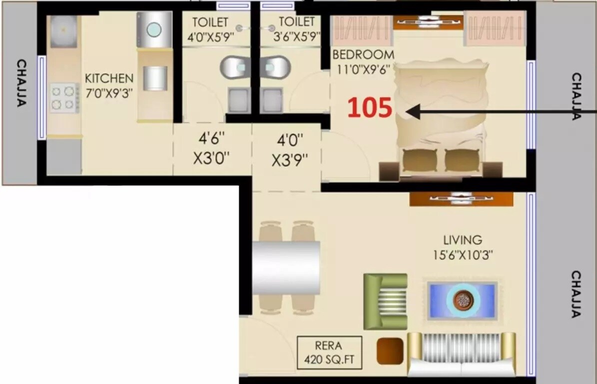 Floor plan of 1 BHK 420 Sq. Ft. Apartment in National Blossom, Mumbai