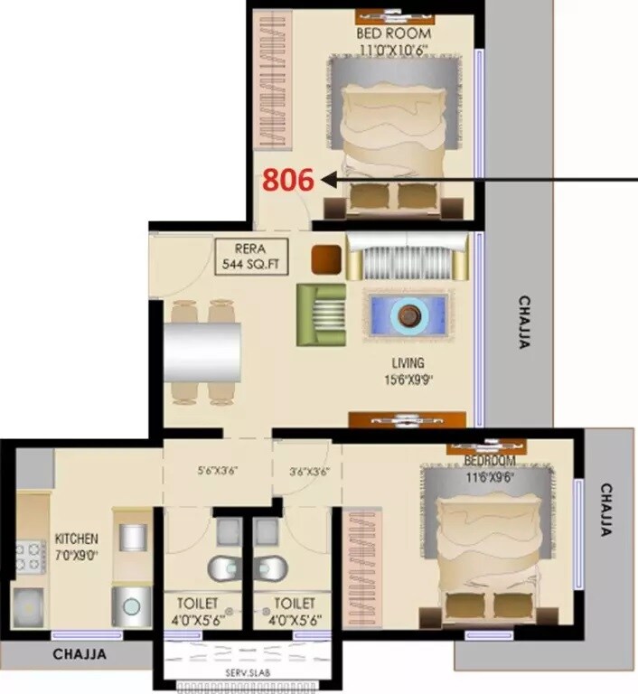 2 BHK 544 Sq. Ft. Apartment