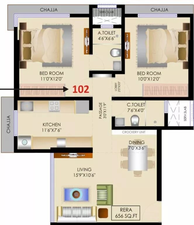 Floor plan of 2 BHK 656 Sq. Ft. Apartment in National Blossom, Mumbai