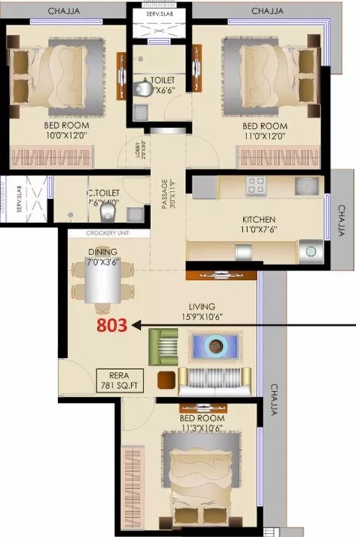 Floor plan of 3 BHK 781 Sq. Ft. Apartment in National Blossom, Mumbai