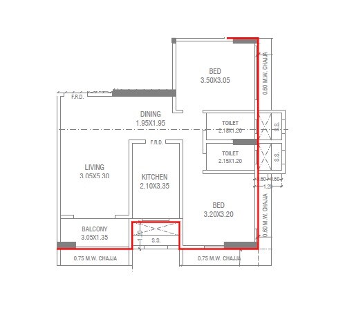 Floor plan of 2 BHK 595 Sq. Ft. Apartment in Navghar Purvarang CHS, Mumbai