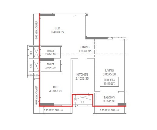 Floor plan of 2 BHK 750 Sq. Ft. Apartment in Navghar Purvarang CHS, Mumbai