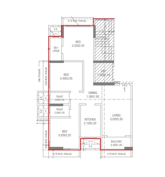 Floor plan of 3 BHK 1061 Sq. Ft. Apartment in Navghar Purvarang CHS, Mumbai