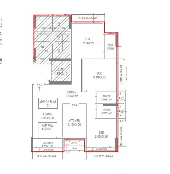 Floor plan of 3 BHK 866 Sq. Ft. Apartment in Navghar Purvarang CHS, Mumbai