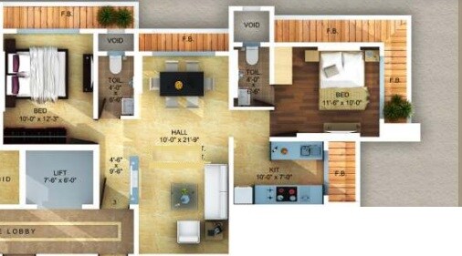 Floor plan of 2 BHK 627 Sq. Ft. Apartment in Navkar Bhagyayog, Mumbai