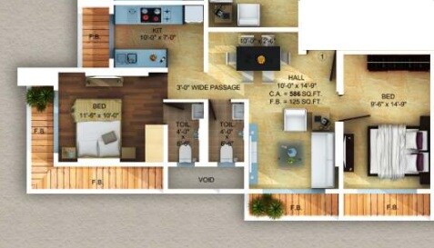 Floor plan of 2 BHK 586 Sq. Ft. Apartment in Navkar Bhagyayog, Mumbai