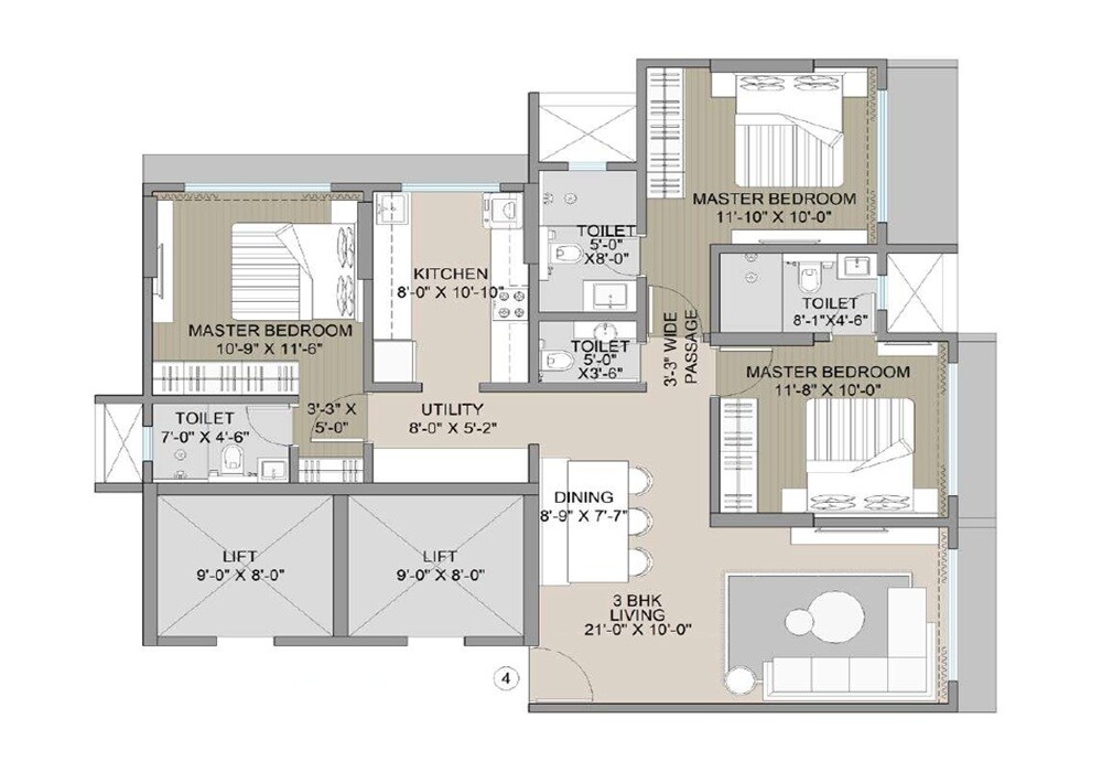 Floor plan of 3 BHK 885 Sq. Ft. Apartment in Navkar Elegance, Mumbai