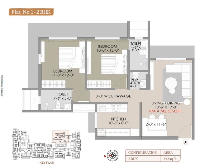 Floor plan of 2 BHK 742 Sq. Ft. Apartment in Navkar Palace, Mumbai