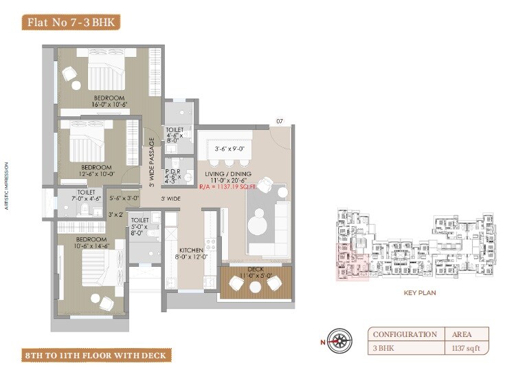 Floor plan of 3 BHK 1137 Sq. Ft. Apartment in Navkar Palace, Mumbai