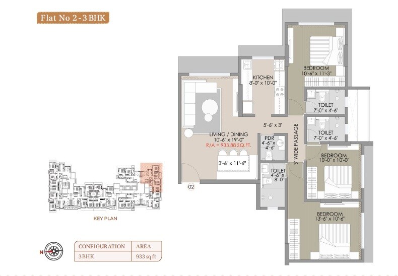 Floor plan of 3 BHK 933 Sq. Ft. Apartment in Navkar Palace, Mumbai
