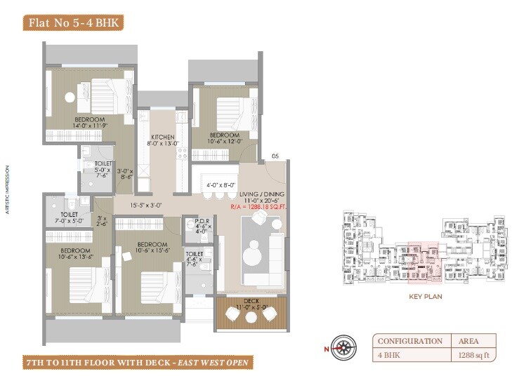 Floor plan of 4 BHK 1288 Sq. Ft. Apartment in Navkar Palace, Mumbai