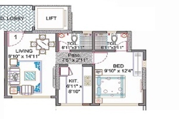 Floor plan of 1 BHK 375 Sq. Ft. Apartment in Navkar Shankeshwar Apartments, Mumbai