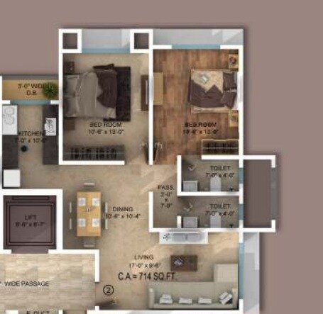 2 BHK 714 Sq. Ft. Apartment
