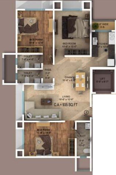 3 BHK 935 Sq. Ft. Apartment