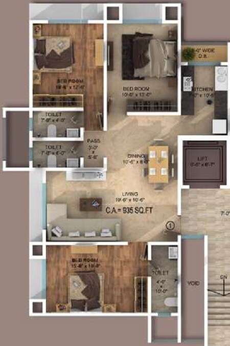 3 BHK 934 Sq. Ft. Apartment