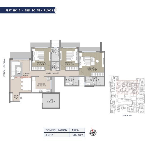 Floor plan of 3 BHK 1080 Sq. Ft. Apartment in Navkar Shatrunjay, Mumbai