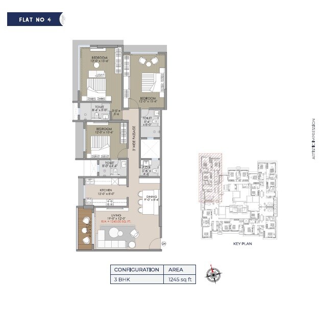 Floor plan of 3 BHK 1245 Sq. Ft. Apartment in Navkar Shatrunjay, Mumbai