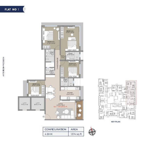 Floor plan of 4 BHK 1374 Sq. Ft. Apartment in Navkar Shatrunjay, Mumbai