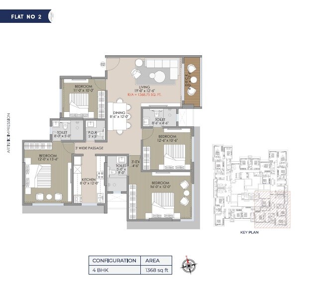 Floor plan of 4 BHK 1368 Sq. Ft. Apartment in Navkar Shatrunjay, Mumbai