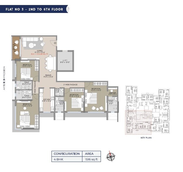 Floor plan of 4 BHK 1516 Sq. Ft. Apartment in Navkar Shatrunjay, Mumbai
