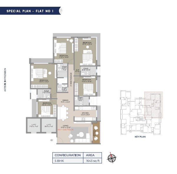 Floor plan of 5 BHK 1643 Sq. Ft. Apartment in Navkar Shatrunjay, Mumbai