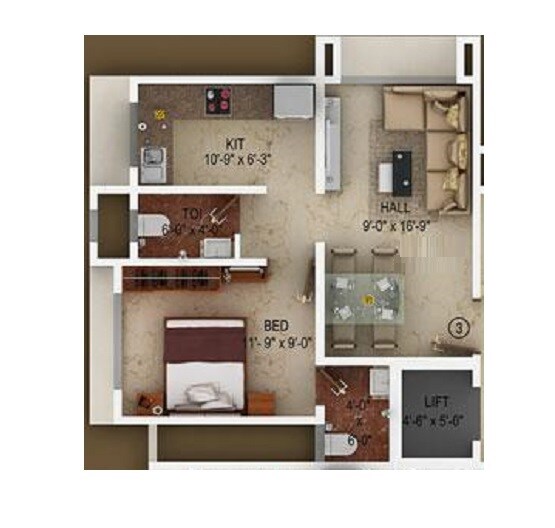 Floor plan of 1 BHK 334 Sq. Ft. Apartment in Navkar Yellow Roses, Mumbai