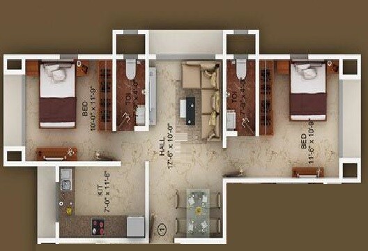 Floor plan of 2 BHK 578 Sq. Ft. Apartment in Navkar Yellow Roses, Mumbai