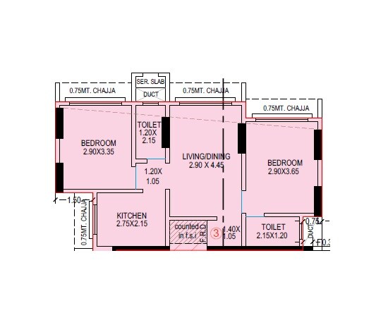Floor plan of 2 BHK 570 Sq. Ft. Apartment in Navkarmik Shiv Ratnam, Mumbai