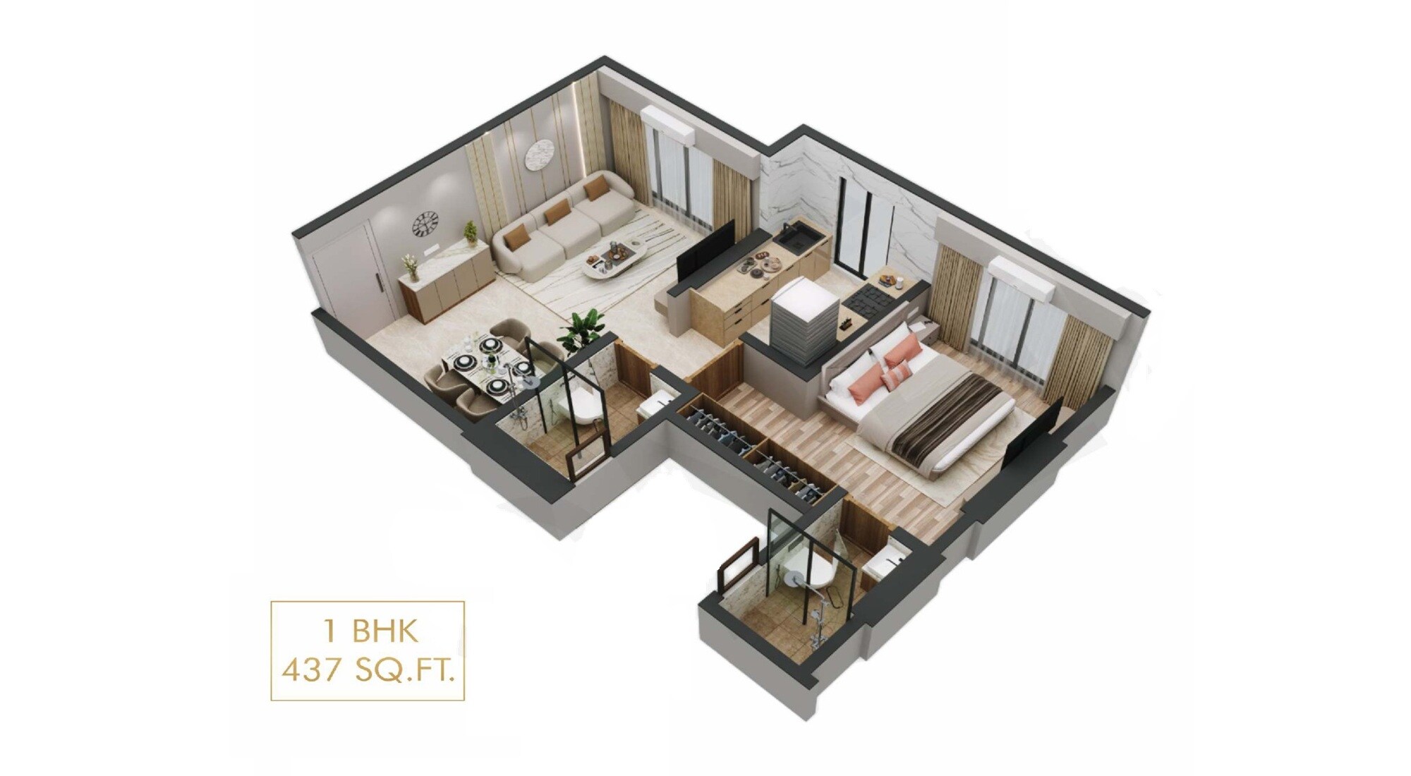 Floor plan of 1 BHK 437 Sq. Ft. Apartment in Navkarmik Shiv Sneh, Mumbai