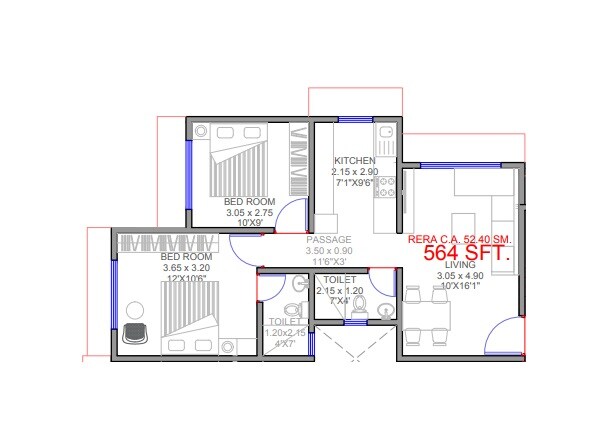 Floor plan of 2 BHK 564 Sq. Ft. Apartment in Navnath Adinarayan CHS, Mumbai