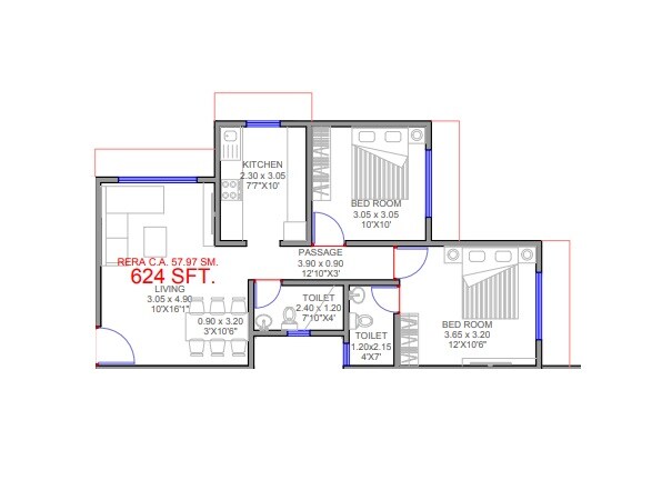 Floor plan of 2 BHK 624 Sq. Ft. Apartment in Navnath Adinarayan CHS, Mumbai