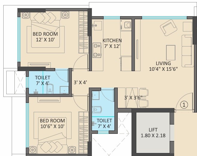 Floor plan of 2 BHK 546 Sq. Ft. Apartment in Navnath Jayas, Mumbai