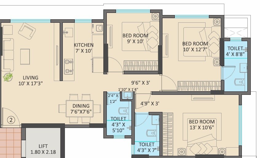 Floor plan of 3 BHK 700 Sq. Ft. Apartment in Navnath Jayas, Mumbai