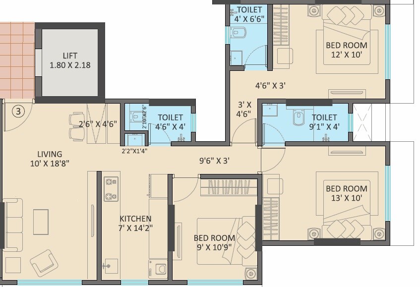 Floor plan of 3 BHK 837 Sq. Ft. Apartment in Navnath Jayas, Mumbai